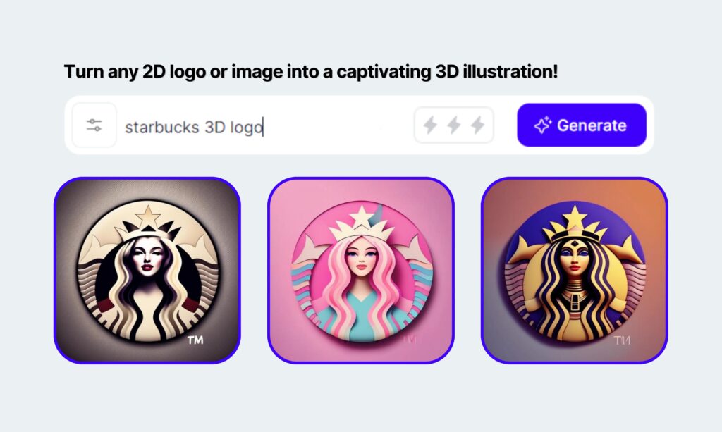 With SketchLogoAI you can turn any 2D logo or image into a captivating 3D illustration. 