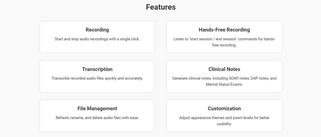 SnapNotes a clinical transcriber app, these are some of the features offered. 