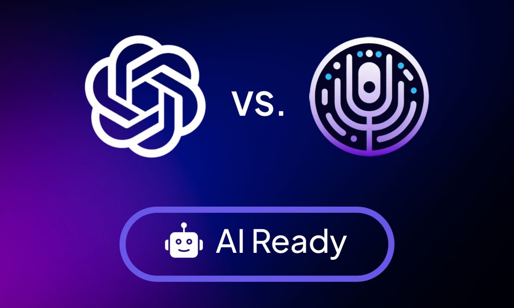 A visually striking comparison image with the OpenAI logo on the left, the EchoDocs logo on the right, and a glowing "AI Ready" button below. The design highlights the AI-powered transcription and documentation capabilities of EchoDocs, showcasing its advanced technology in contrast with other AI tools.