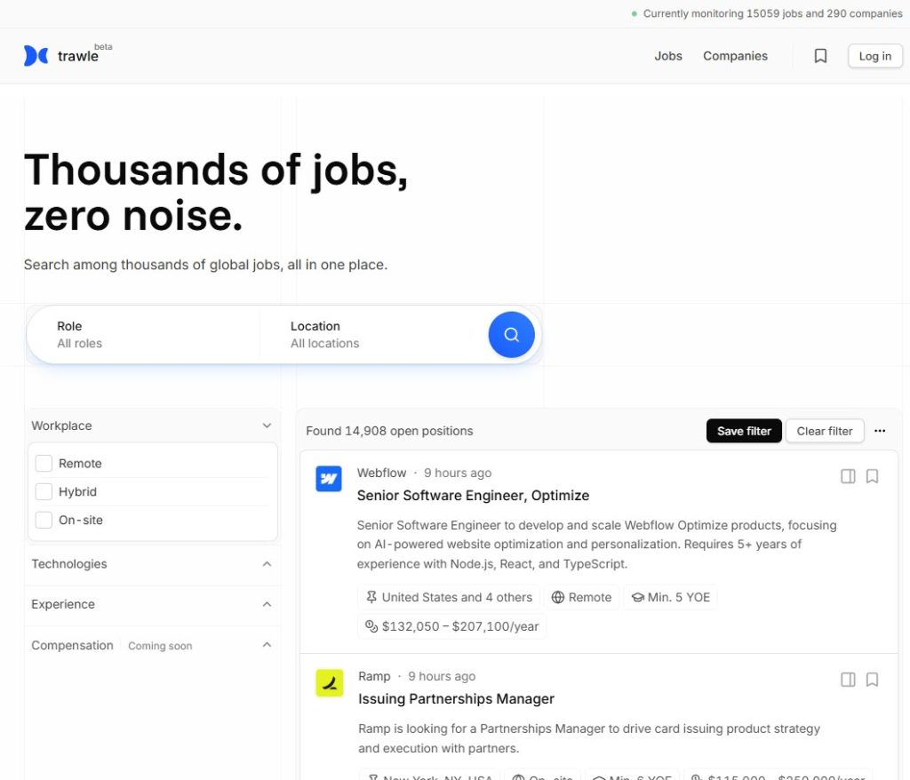 Screenshot of the Trawle homepage showcasing its automated job search interface with a clean and minimal design.